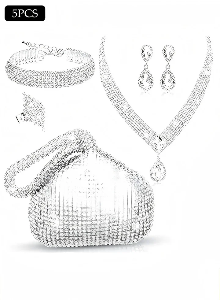 DUNISO 5-Piece Rhinestone Jewelry and Evening Clutch Bag Set (Silver, One Size) w7gg2