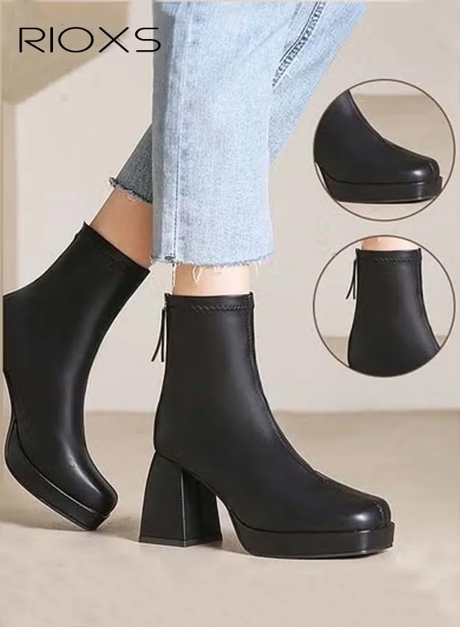 RIOXS Women's Leather Ankle Boots, Square Toe Chunky Heel Shoes with Back Zipper (Black, 8cm Heel) l43q9