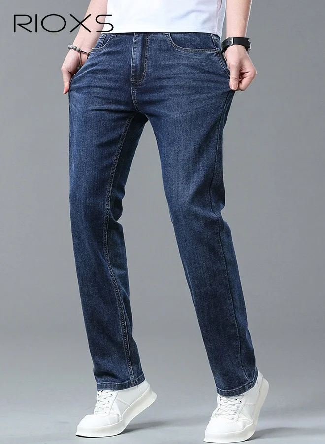 RIOXS Men's Straight Leg Denim Jeans Premium Vintage Light Wash Stretch Slim Fit Trousers (Blue, 32W x 32L) mtyls