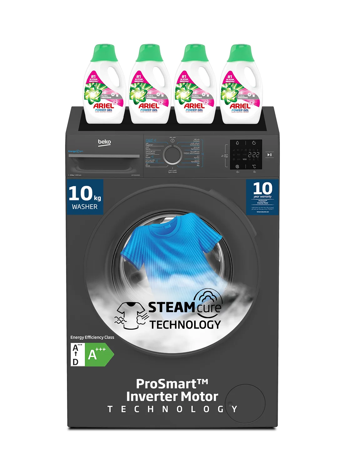 Beko 10 kg Front Load Washing Machine with ProSmart Inverter Motor, 1400 RPM, 15 Programmes, SteamCure Technology (Black, 10 kg) z3bgo