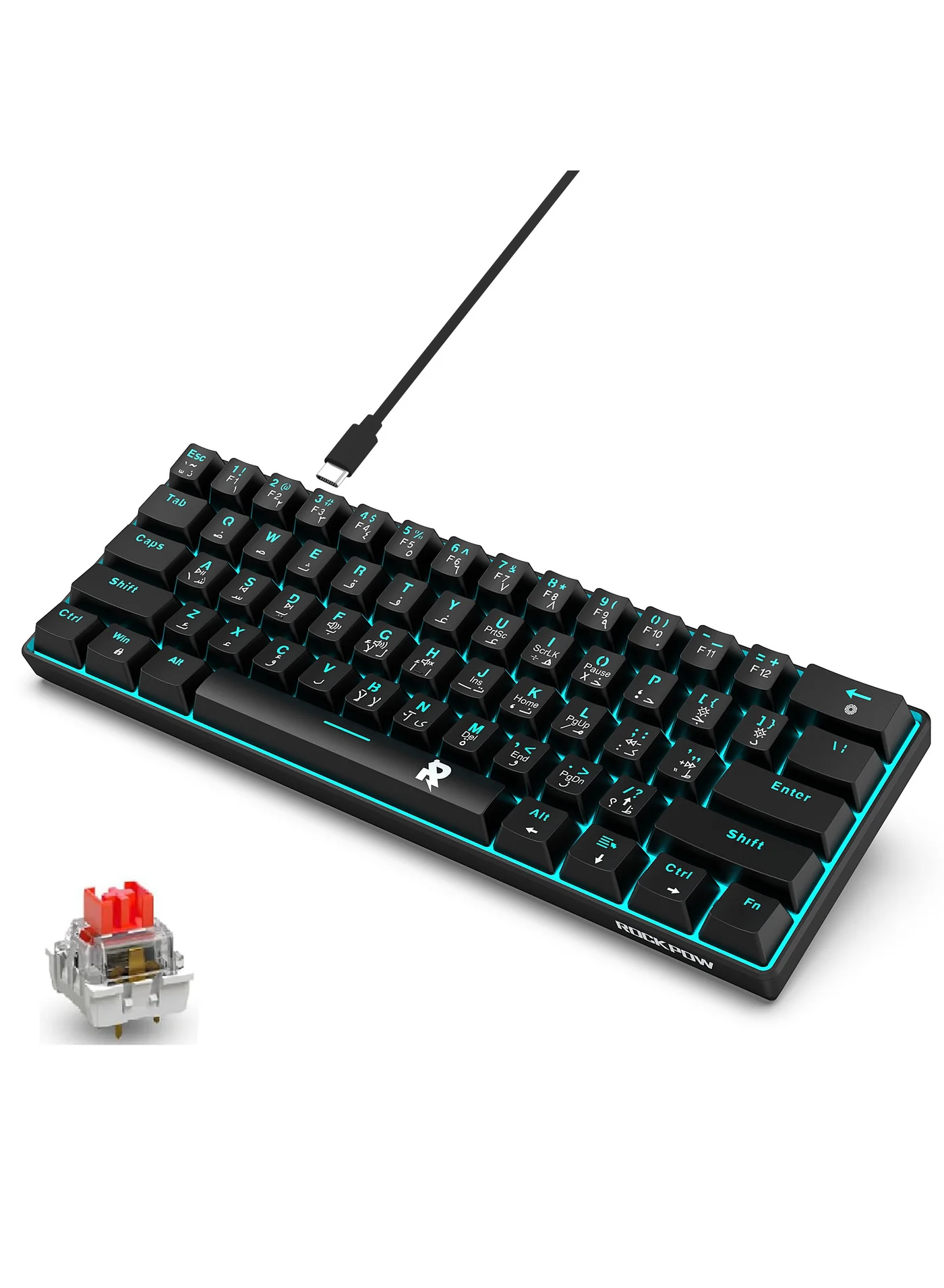 Rock Pow 60% Mechanical Gaming Keyboard, Arabic English Layout, Ice Blue Backlit, Compact Wired Keyboard with Red Switches (61 Keys) h1uxg