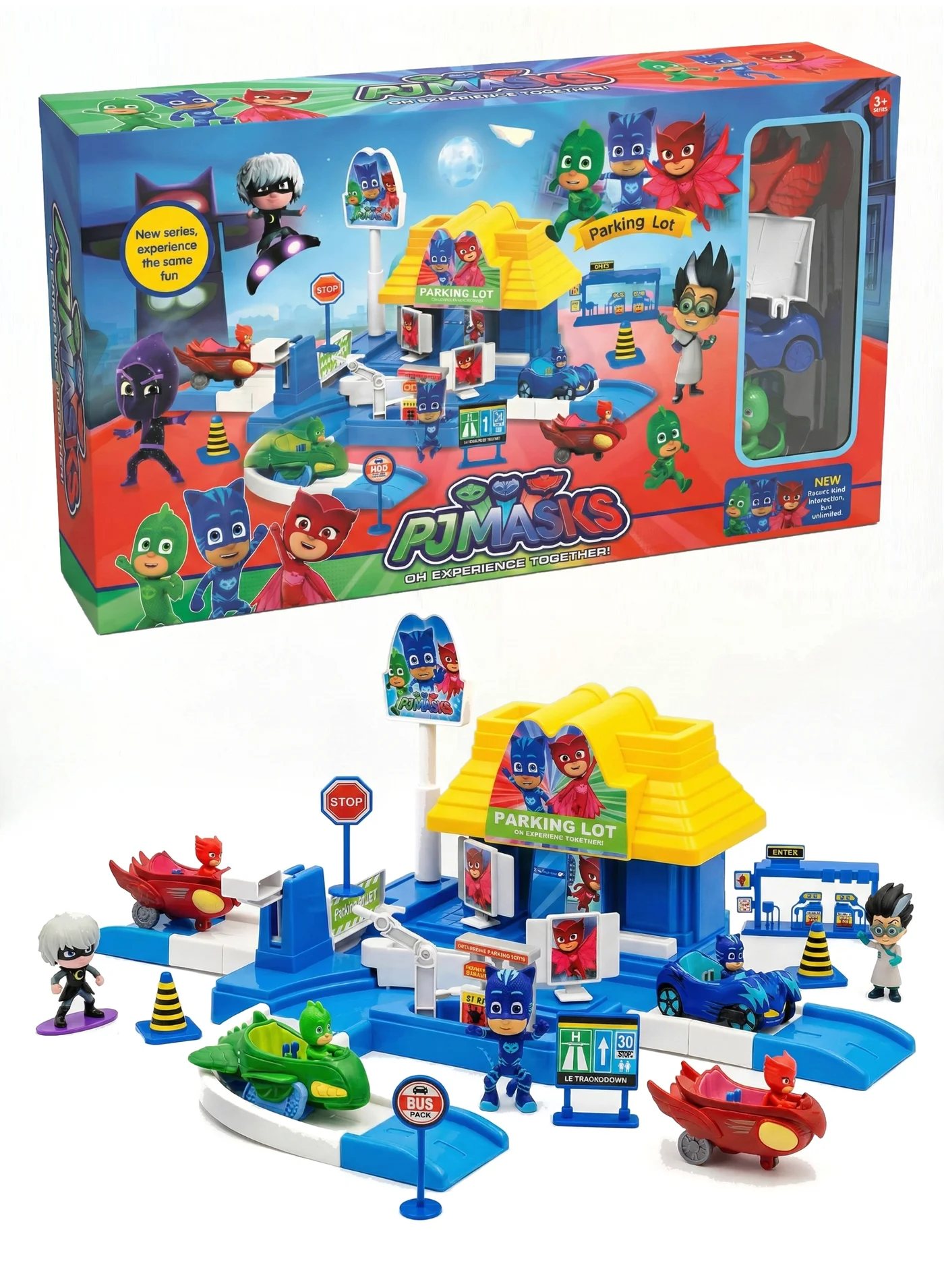 Premium 2-Level Parking Garage Playset with Race Track Ramps and Gas Station (Includes 3 Hero Vehicles and Villain Figures, Educational City Traffic Toy for Kids) 5nop2