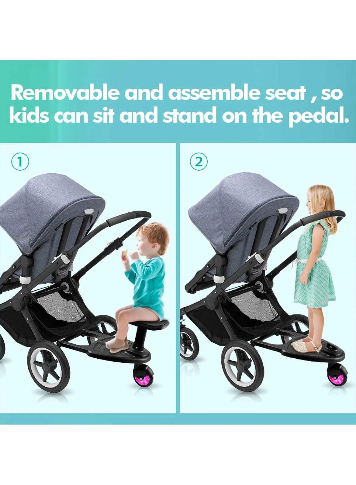 Unikbebe Universal Stroller Ride-On Board with Removable Seat, Foldable Sit and Stand Platform for Toddlers (Black, 65kg Capacity) 44omx