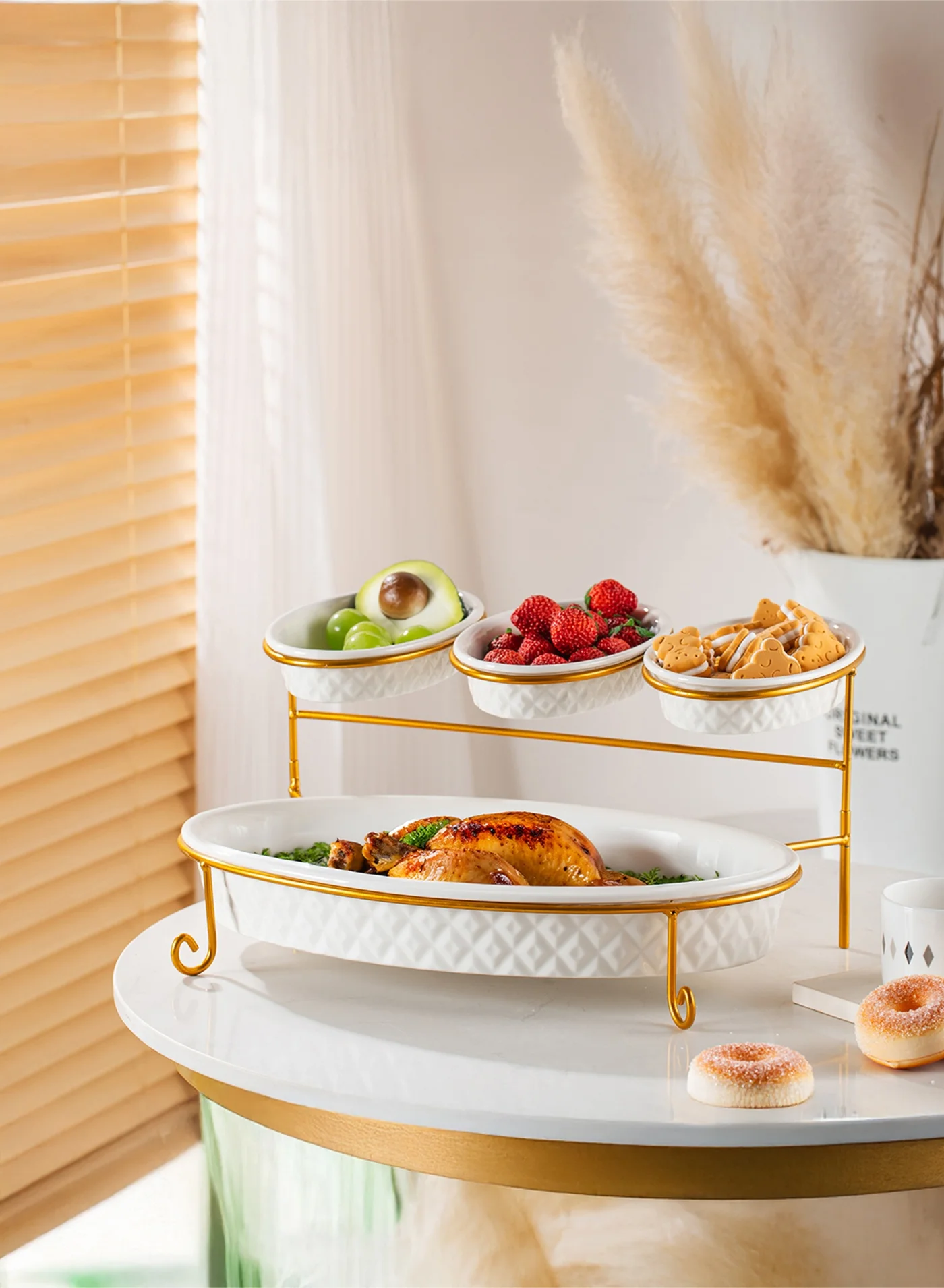 Premium Porcelain 2-Tier Oval Serving Set with Gold Stand Rack (3x 20cm, 1x 40cm) le9kq