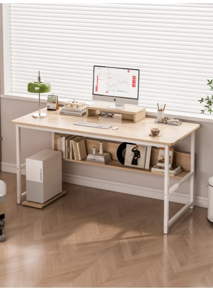 Premium Home Office Computer Desk with Storage Shelf (Light Walnut, 110x50x72 cm) qupiu