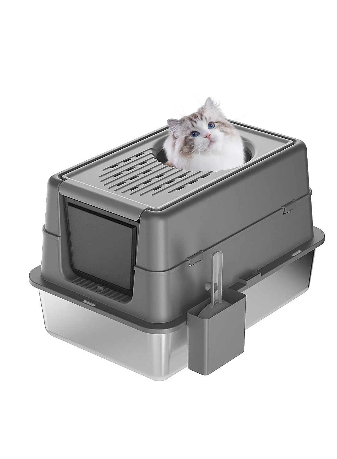 Kidle Stainless Steel Enclosed Cat Litter Box with Lid Extra Large High Sided Pan (60x40x38.5 cm) wjr90