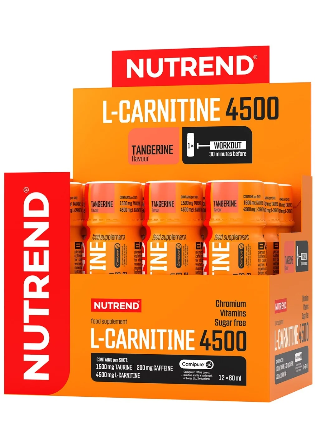 NUTREND L-Carnitine 4500 Liquid Supplement with Taurine and Caffeine (Tangerine, 12 x 60 mL) xg1z3
