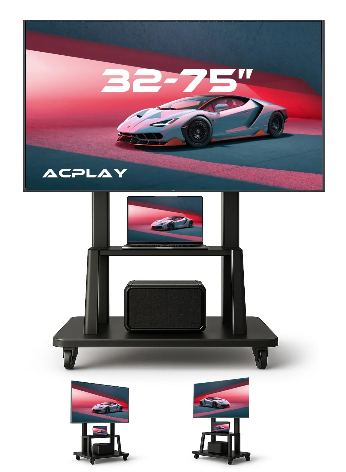 ACPLAY Mobile TV Cart for 32-75 inch Flat Curved Screens, Heavy-Duty Rolling Stand with Shelf and Wheels (Max VESA 600x400 mm, 50 kg Capacity) k3he7