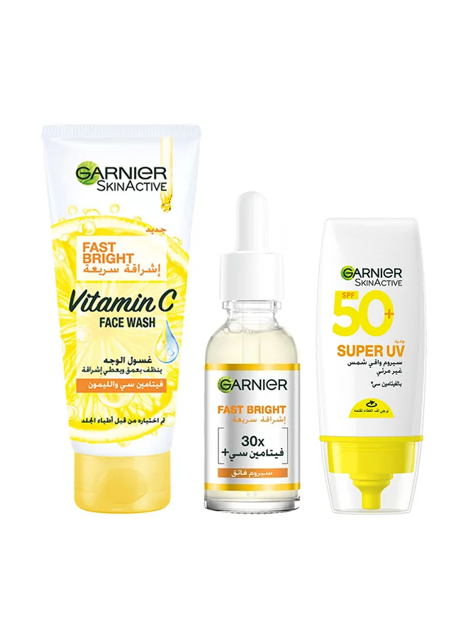 SkinActive Vitamin C Brightening Skincare Set (Face Wash 100mL, Serum 30mL, Sunscreen 30mL) for Radiant Complexion zsrae