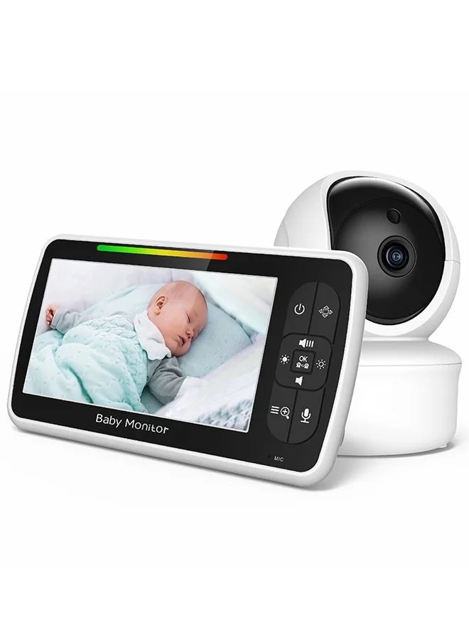 Premium Baby Monitor with 5-inch Display Camera, Pan-Tilt-Zoom Video, Night Vision, 2-Way Talk, Temperature Sensor, and 3000mAh Battery (White, 1 Unit) 0jkts