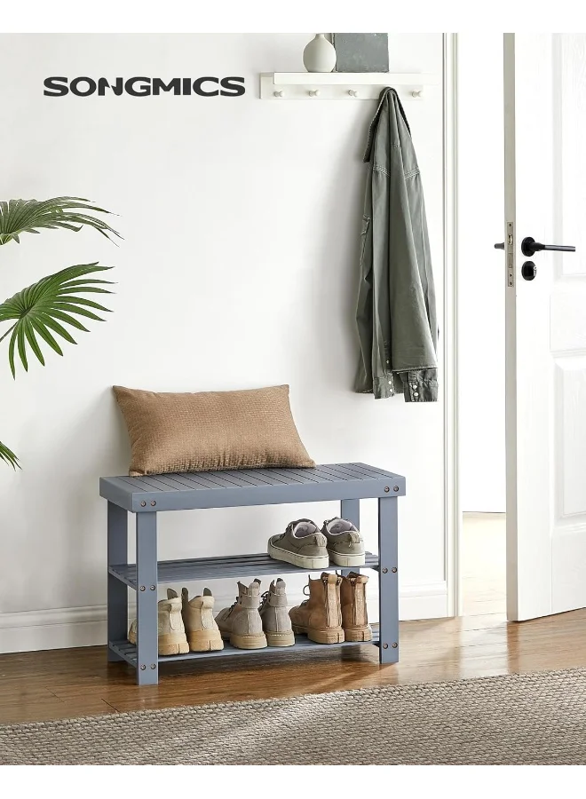 Premium Bamboo Shoe Rack Bench, 3-Tier Entryway Storage Organizer, Sturdy Hallway Furniture (Grey, 70 x 28.7 x 45.2 cm) d53xn
