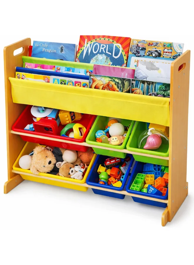 Homesmiths Kids Toy Organizer and Book Rack with 6 Storage Bins and 4 Sling Pockets (Brown, 86cm x 26.5cm x 78cm) 6sz5x