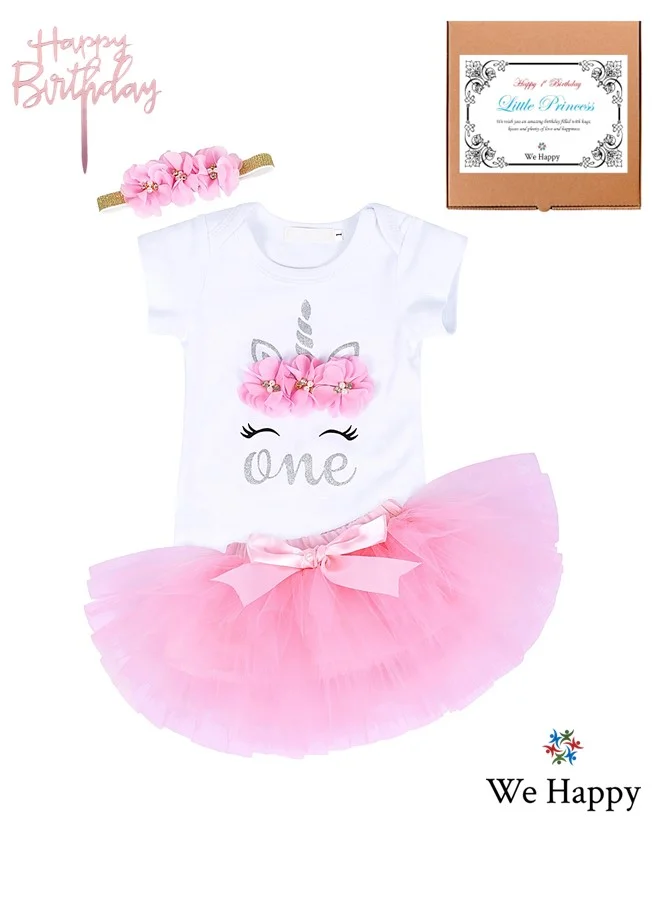We Happy 4-Piece Baby Girl 1st Birthday Unicorn Costume Set (Cotton, Newborn) eez1k