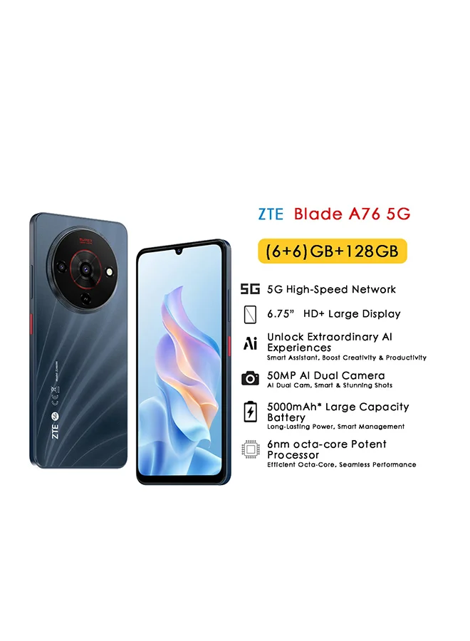 ZTE Blade A76 5G Smartphone 12GB RAM 128GB Storage Dual SIM Stardust Black (6.75 in) vncto