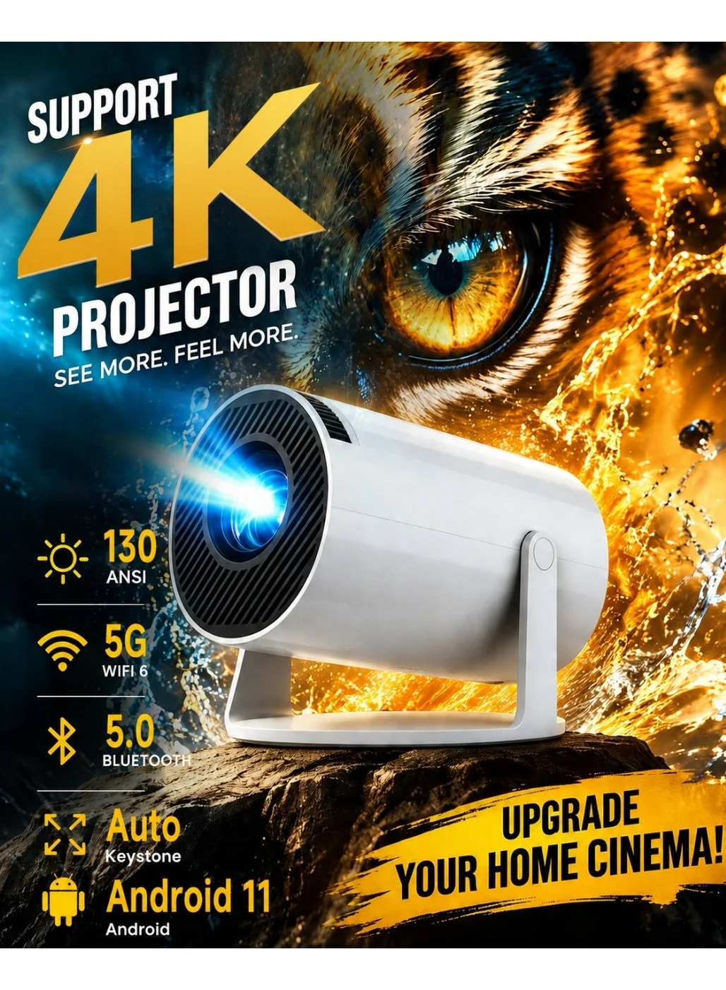 TANMASHI Smart Portable Projector 180 Degree Rotatable WiFi 6 Bluetooth Home Theater (White) uwpe8