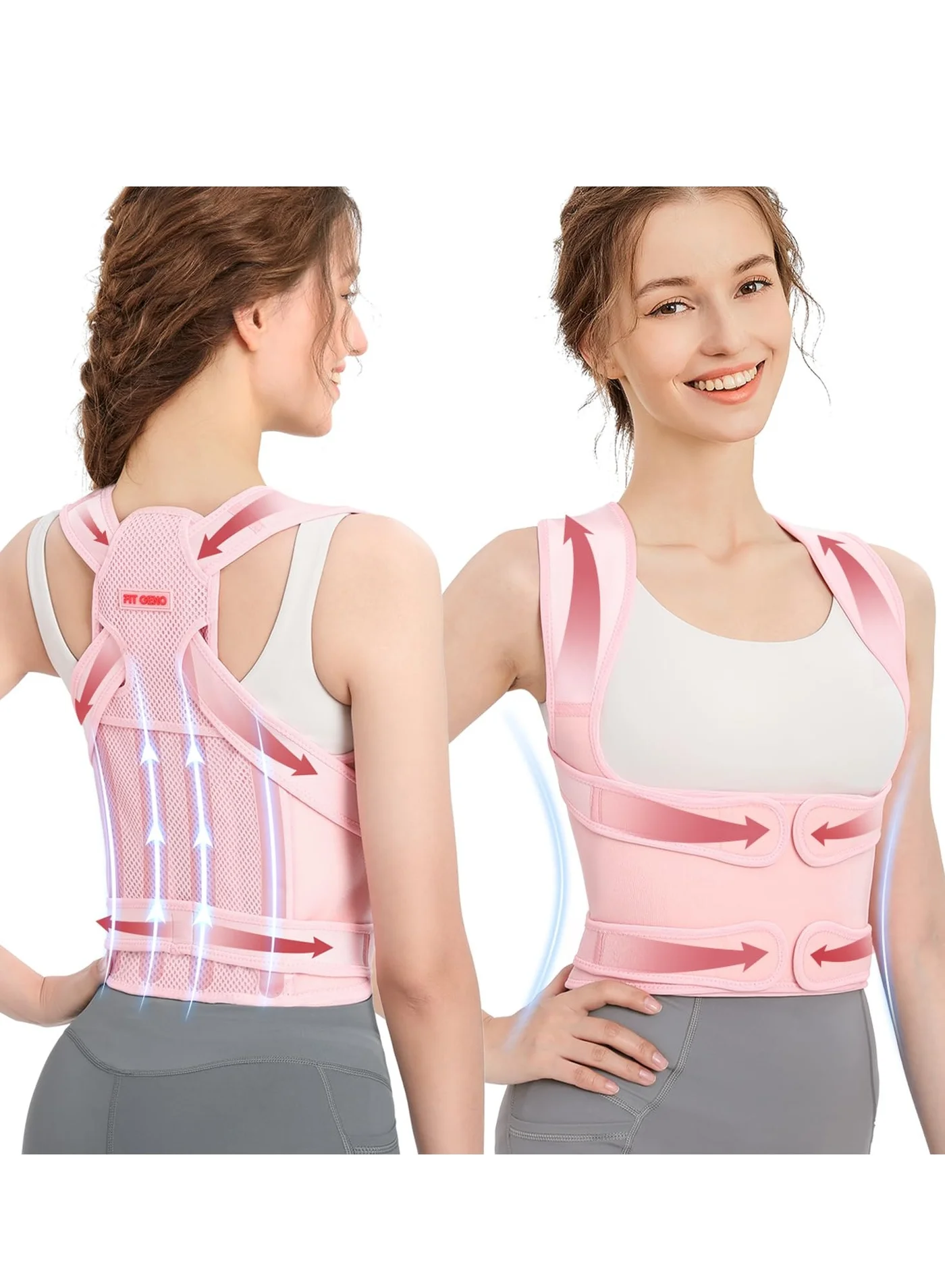 GUDOO Adjustable Back Brace and Posture Corrector for Men and Women, Ergonomic Spine Support for Daily Alignment (Pink, M) 1tf03