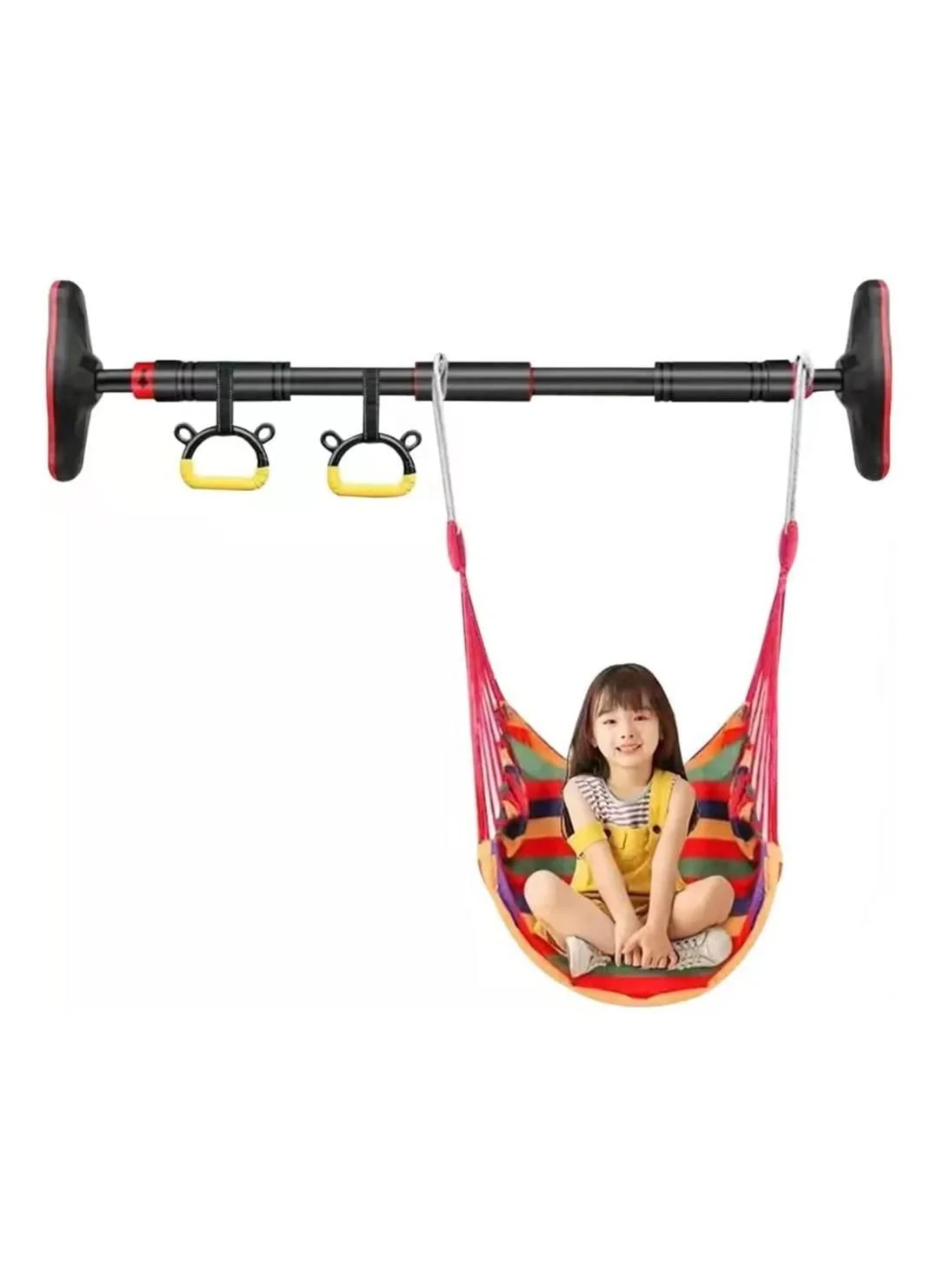 GGEROU Doorway Pull Up Bar with Indoor Swing Trapeze and Gymnastic Rings for Kids and Adults (Red, 99cm-150cm) 5h6op