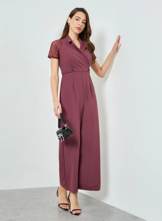 Styli Pink Lace Sleeve Wide Leg Jumpsuit Elegant Evening Wear for Women (Pink, Medium) cjgv0
