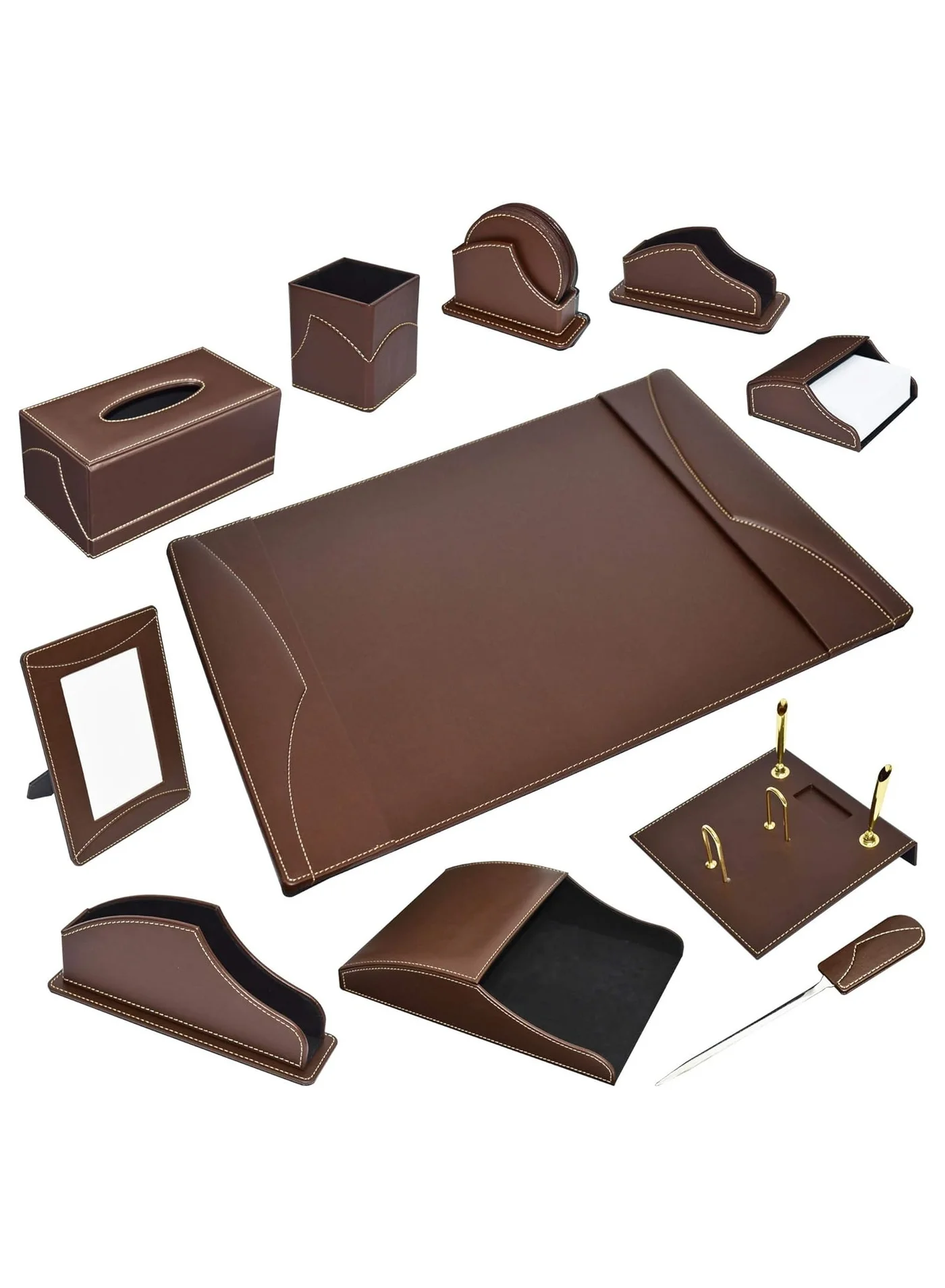 Executive Desk Organizer Set 11-Piece Premium Italian PU Leather (Dark Brown, 11-Piece) 1xyo9