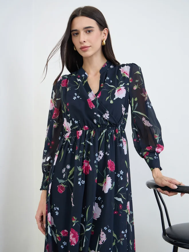 Styli Floral Maxi Dress Long Sleeve Elegant Evening Gown (Dark Blue, One Size) xwt8u