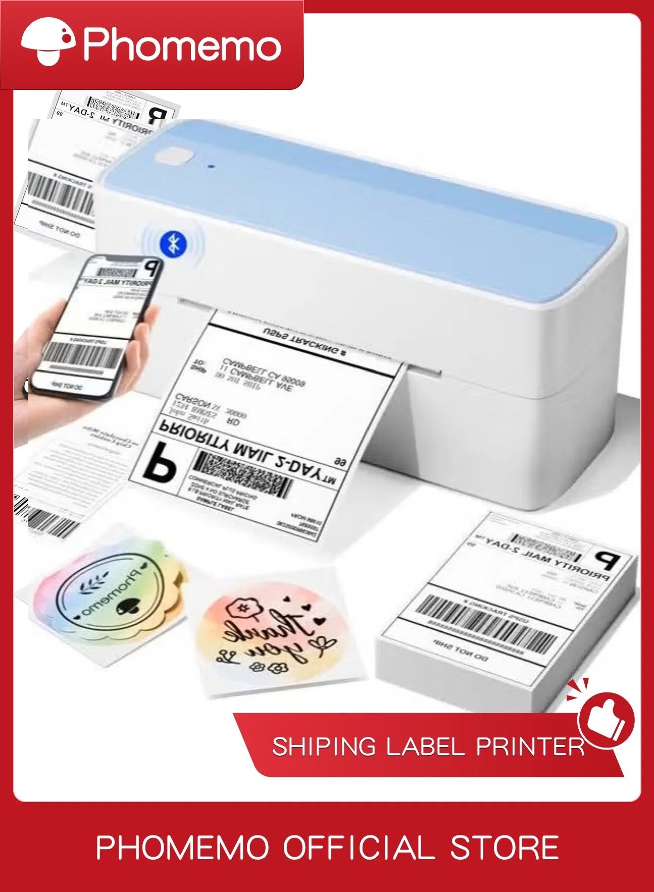 Phomemo 241-BT Wireless Thermal Label Printer for Small Business Shipping (White and Pale Blue) hwcep
