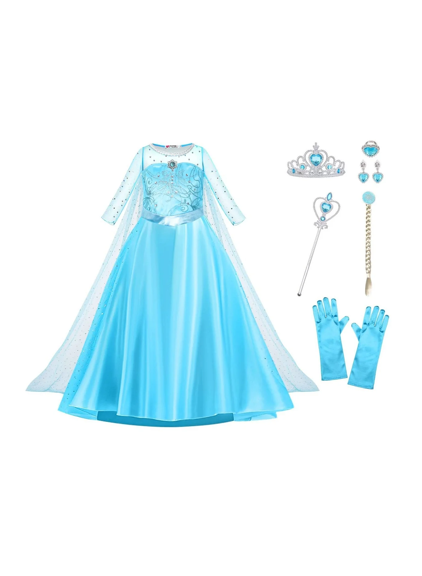 Y&D Princess Costume Dress with Crown and Wand Accessories for Girls (Blue, 110 cm) yht7j