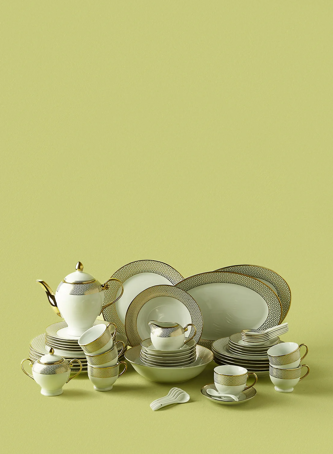 Noon East 56-Piece Porcelain Dinnerware Set, Elegant Honeycomb Pattern (White/Gold, Service for 6) l1md2