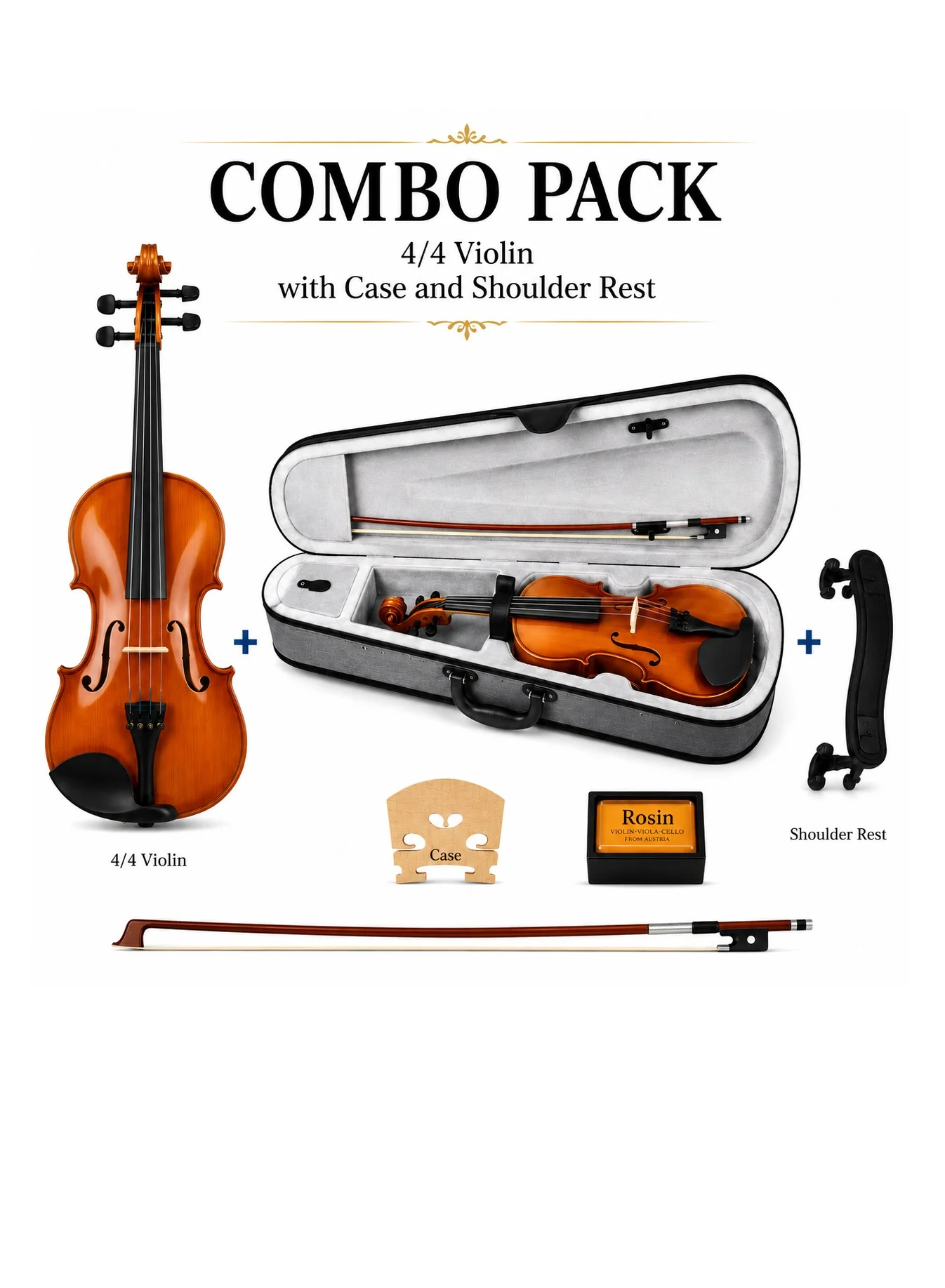 Megarya 4/4 Full Size Acoustic Violin Starter Kit with Protective Case Bow Rosin and Shoulder Rest (Antique Brown, 4/4) 21i54