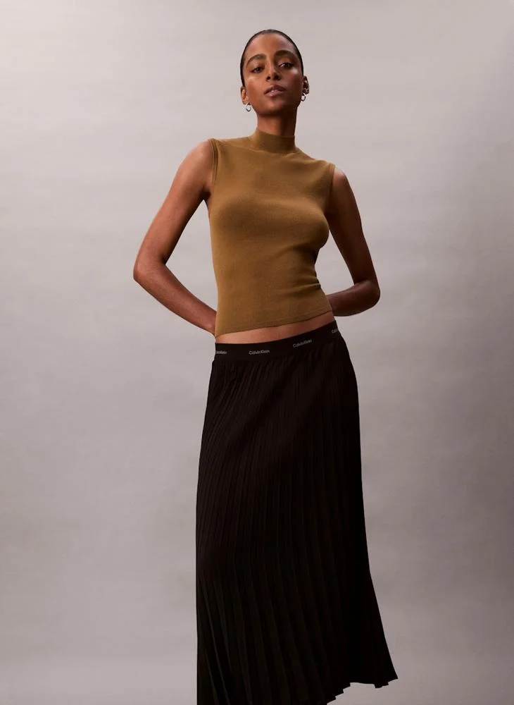 Premium Pleated Crepe Midi Skirt Elegant Flowy Silhouette For Women (Solid, One Size) tqsph