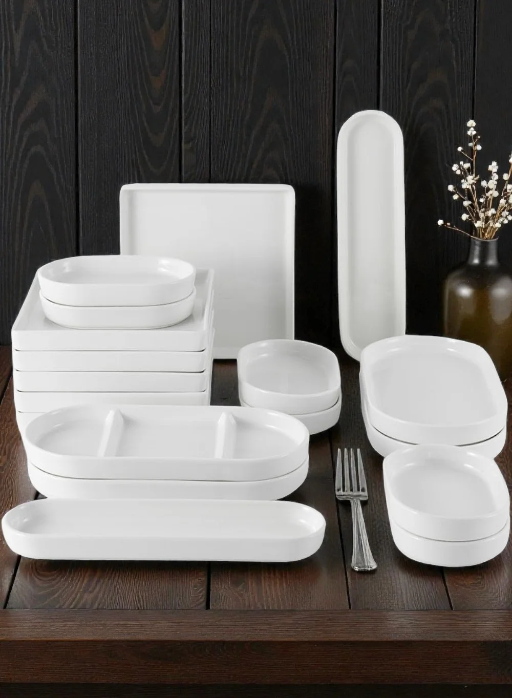 Noon East Porcelain Dinnerware Set (18-Piece, White, Service for 6) Microwave and Dishwasher Safe i567g