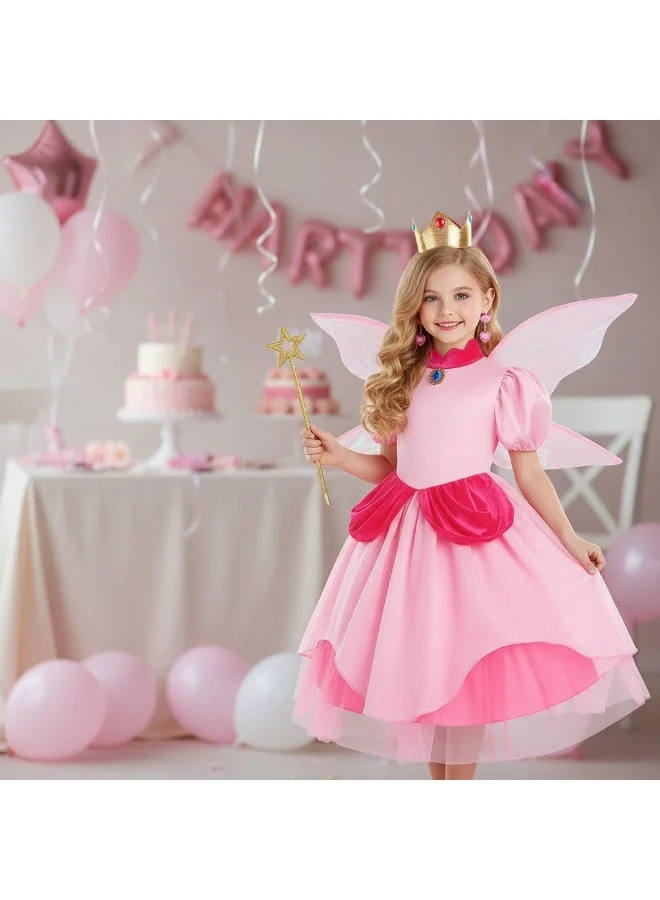 Bluejw Princess Cosplay Dress for Girls, Premium Pink Party Costume Set with Crown (Kids Size 130cm) fpy5e
