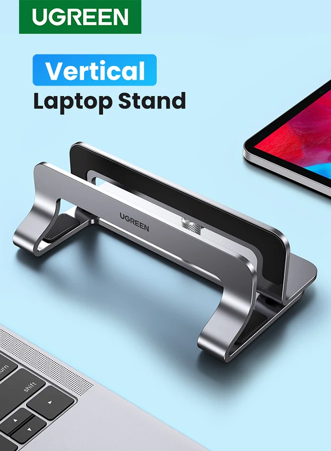 Premium Aluminum Vertical Laptop Stand Dual Desktop Holder Adjustable Dock Space-Saving Anti-Slide Silicone Grips (Silver) 060uc