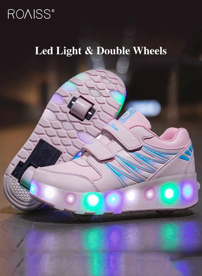 Roaiss Kids LED Roller Skates Shoes Adjustable Double Wheel Sneakers (Pink) l8vqn