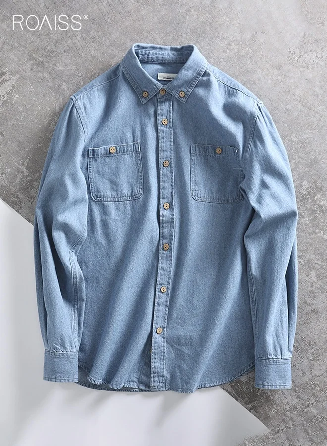Roaiss Men's Fitted Denim Shirt Retro Button-Down Long-Sleeved Casual Top (Light Blue, Large) it4n1