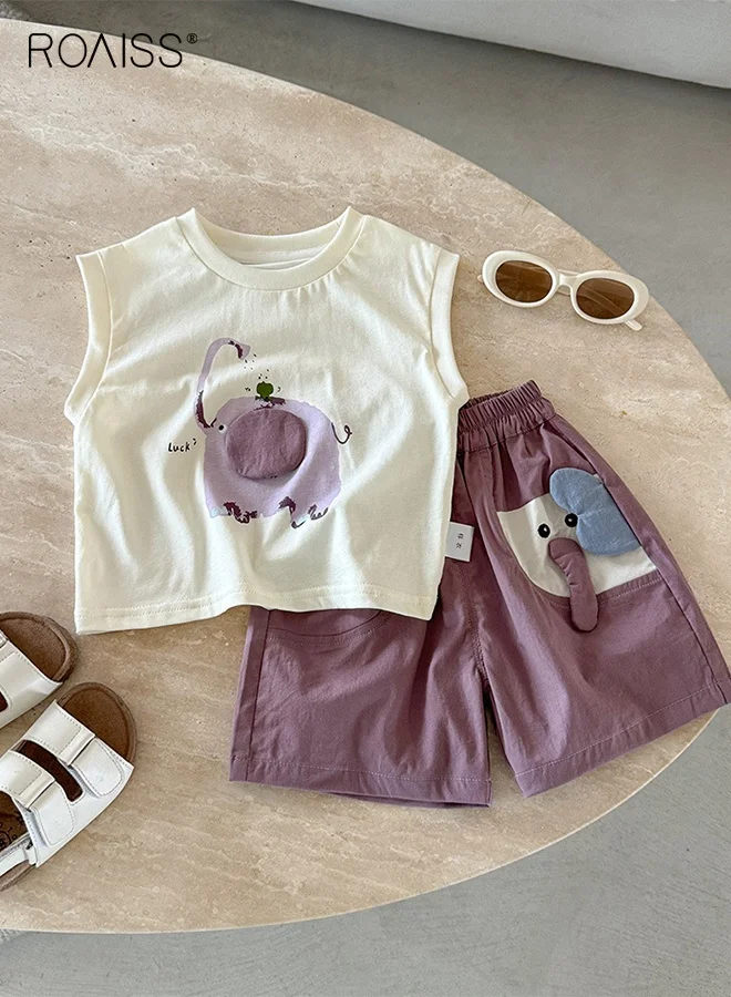 Roaiss Boys Summer 2-Piece Outfit Set Sleeveless Vest and Elastic Waist Shorts (Kids) 0li44