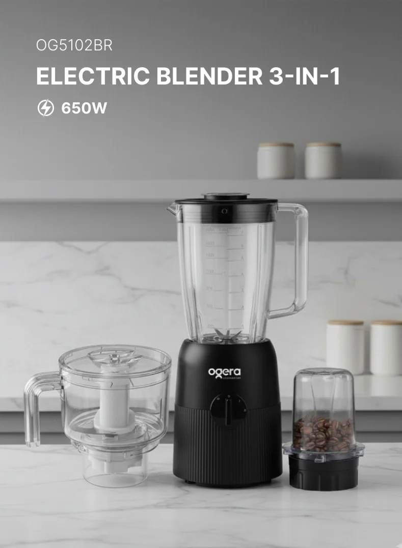 Ogera 3-in-1 Electric Food Blender High-Speed Multi-Function Processor with Grinder and Chopper Attachments (1.8 L, 650 W) fz3yw