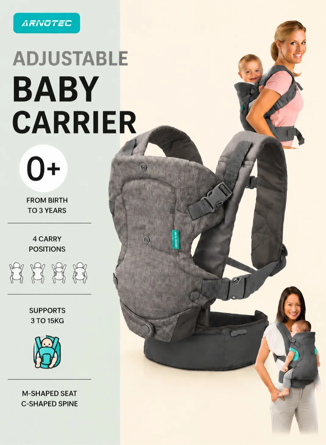 ARNOTEC 4-in-1 Ergonomic Baby Carrier Adjustable Breathable Support for Newborns (1 Pack) m9f46
