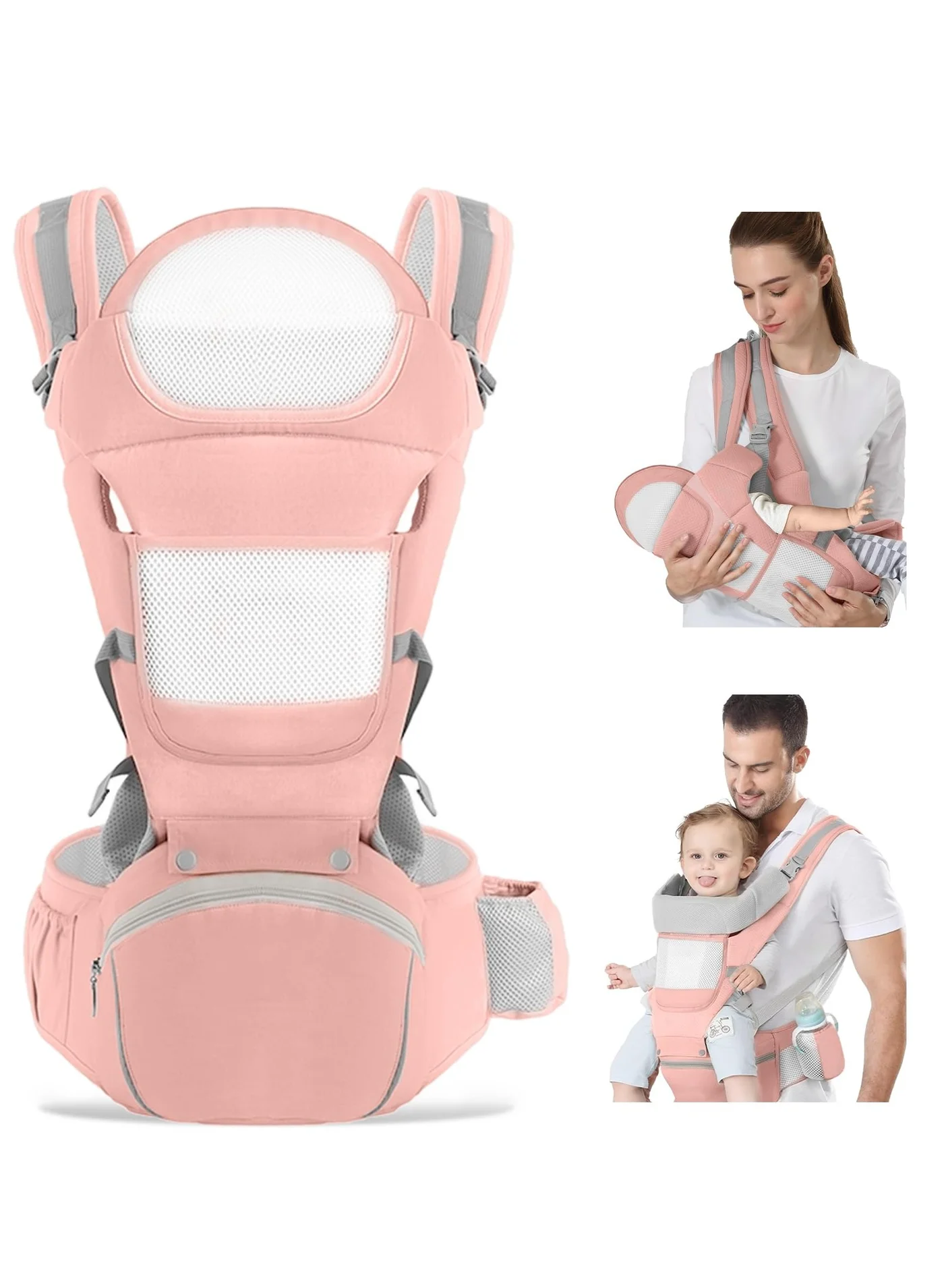 XICEN Ergonomic Baby Carrier with Hip Seat 6-in-1 Newborn Sling Wrap (Pink, One Size) btv20