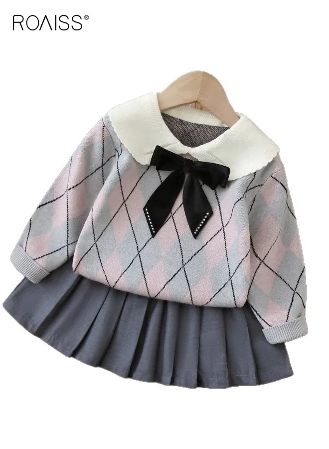 Roaiss 2-Piece Girl Outfit Set, Knitted Pullover Sweater with Bow Tie and Pleated Skirt, Premium Casual Wear for Kids 3iohl