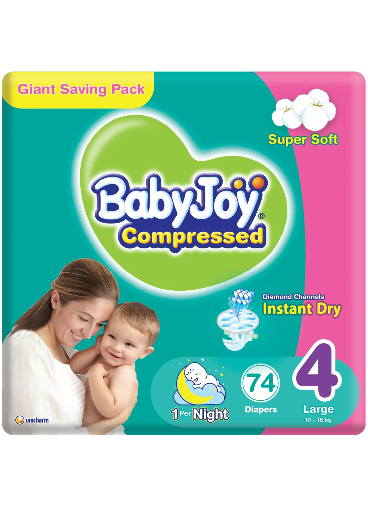 BabyJoy Compressed Diamond Pad Diapers Size 4 Large (10-18 kg, 74 Count) a9mjh