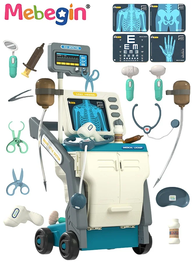 MEBEGIN Medical Playset with Rolling Cart and Simulation Doctor Tools (16-Piece Set, Kids Pretend Play) 6c2vm