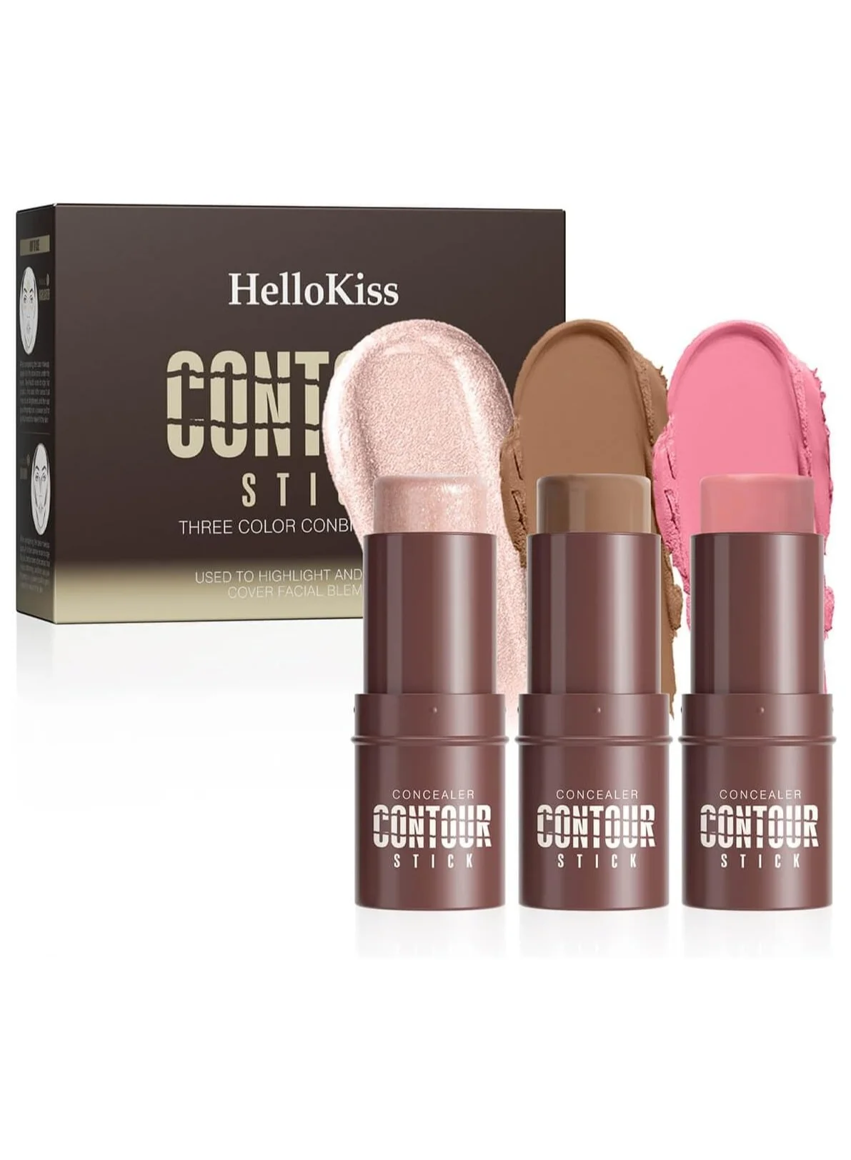 HelloKiss Contouring Stick Trio Set, Blush Bronzer Highlighter for Natural Makeup, Long-Lasting & Travel-Friendly (Set-A, 3 x 8g) 7dw7k