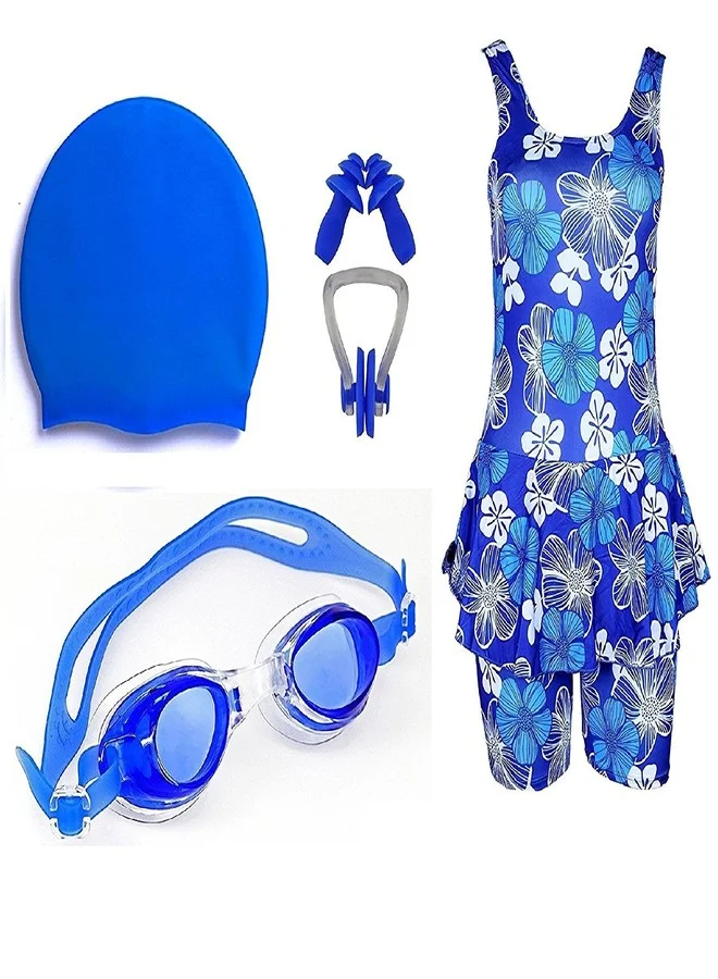 GOLDEN GIRL Girls Swimming Kit Professional Swimwear Set with Goggles Cap Nose Clip and Ear Plugs (Blue, 13-15 Years) vh1wn