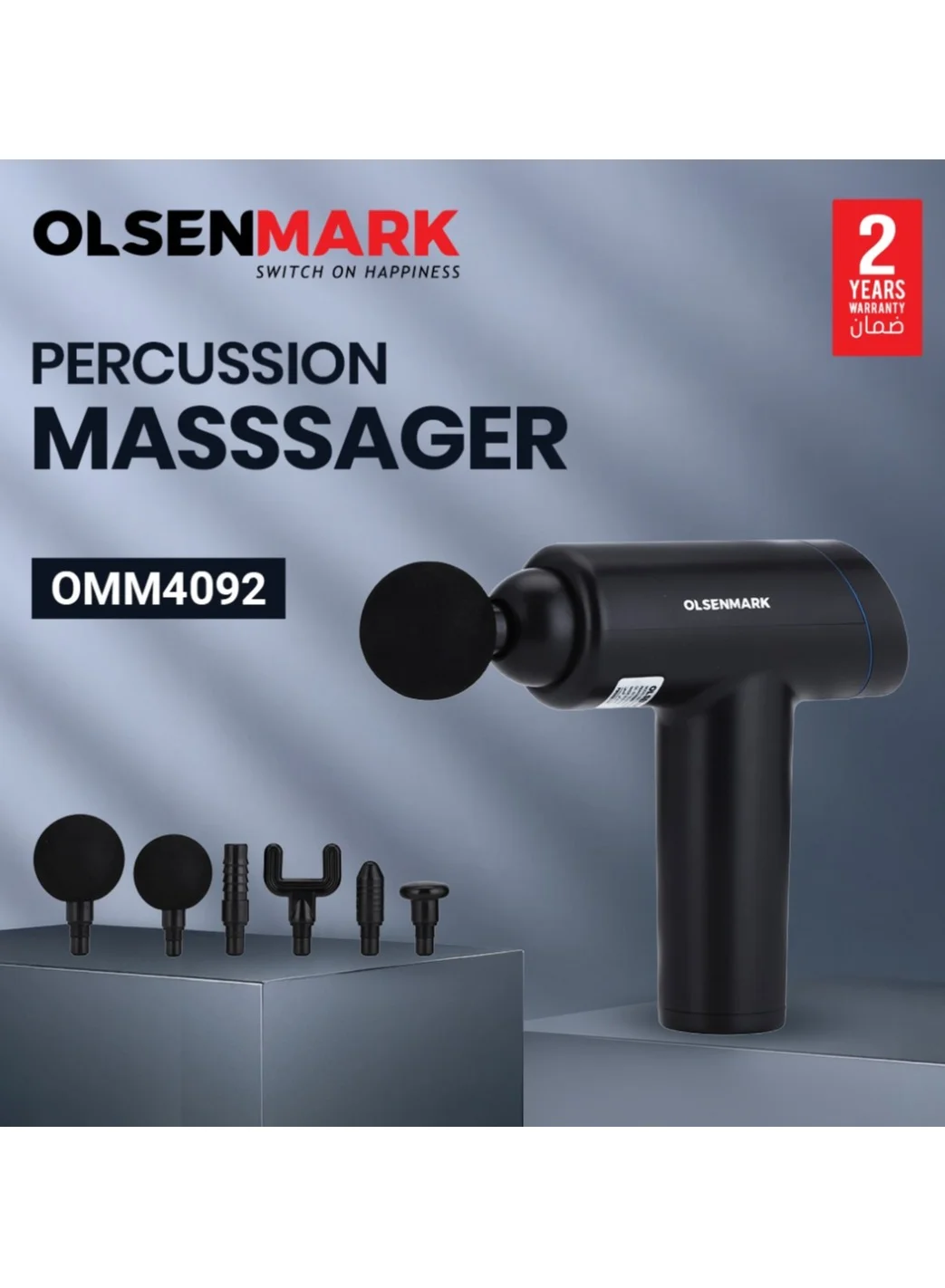 Olsenmark 6-in-1 Percussion Massage Gun Cordless Deep Tissue Massager with Ergonomic Grip and 6 Detachable Heads for Full Body Recovery w1sif