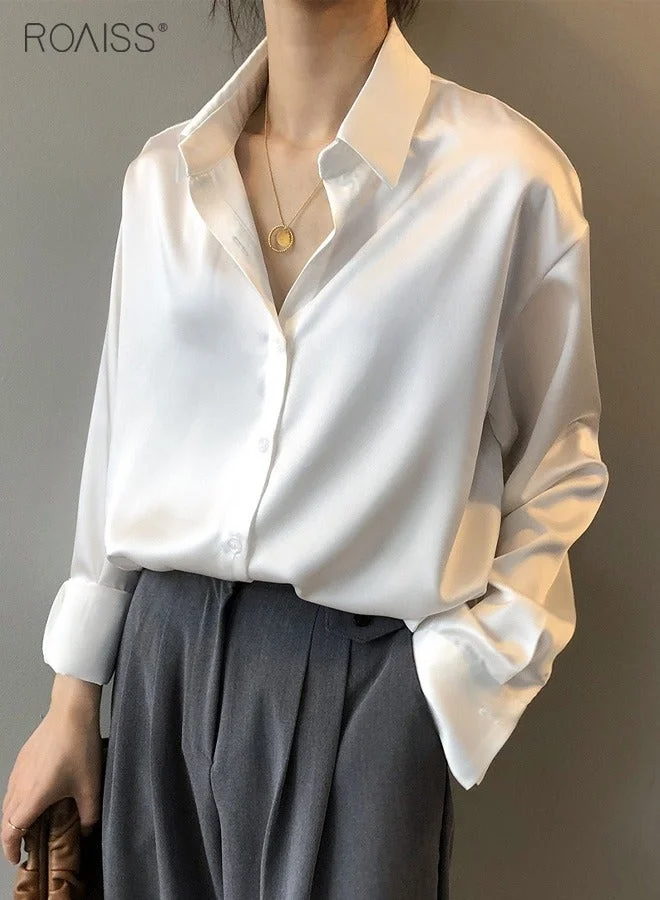 Roaiss Women Stylish Satin Shirt Long Sleeve Button Down Top (Premium Breathable Fabric, Ladies Casual Wear) uvntd