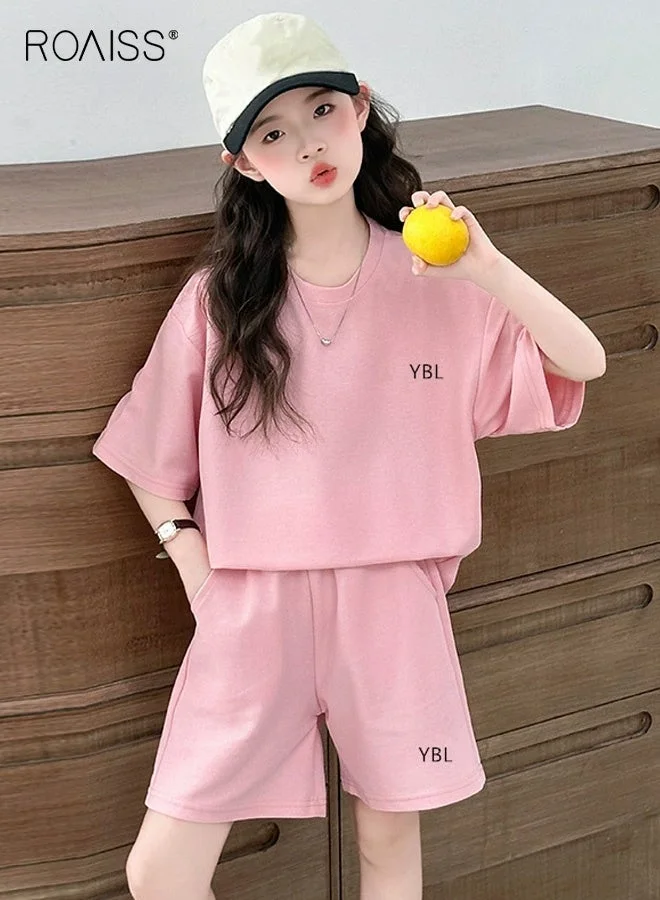 Roaiss Girls 2-Piece Summer Outfit Set, Short Sleeve T-shirt and Elastic Waist Shorts, Soft Breathable Activewear for Daily Wear (Kids) omct6