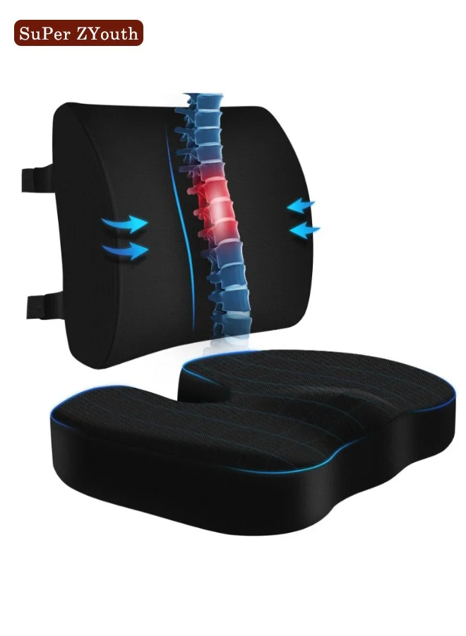 Super ZYouth Ergonomic Memory Foam Seat Cushion & Lumbar Support Pillow Set (Black, 45x35x7 cm) k69gu