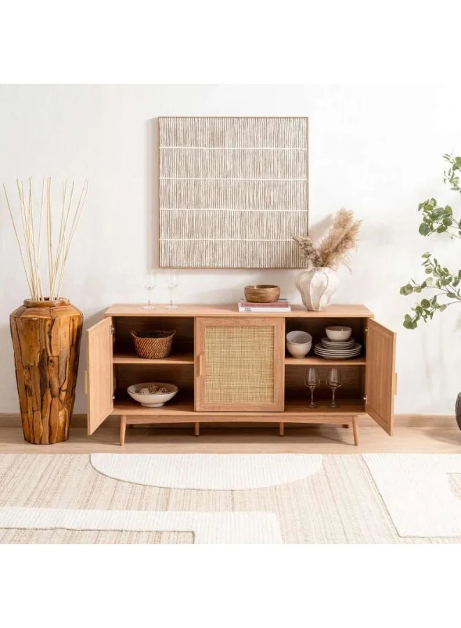 Pan Home Oaktree Sideboard with 3 Rattan Doors Natural Wood Finish (150 cm) urxol