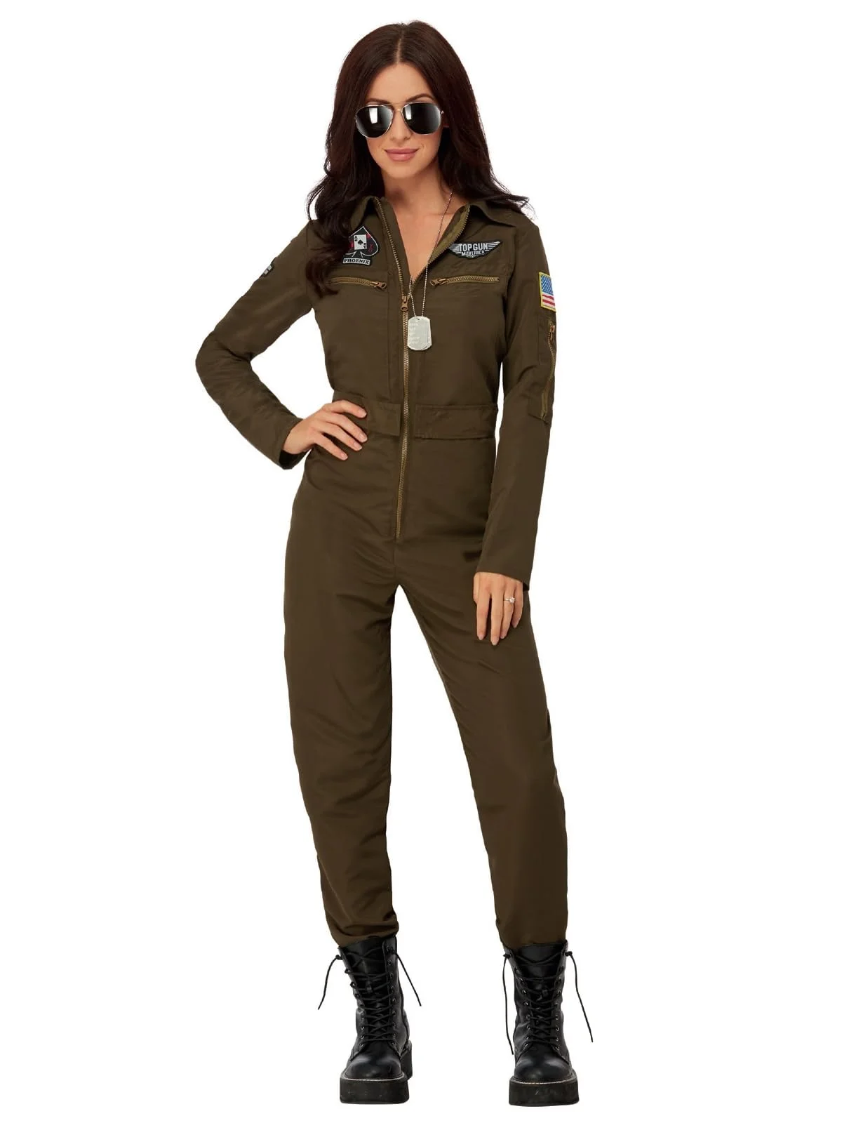 Premium Aviator Flight Jumpsuit Costume for Women, Authentic Style Pilot Fancy Dress with Interchangeable Name Badges (Green, Adult) ez68f
