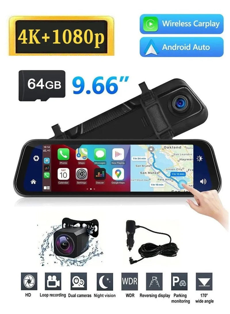 Arabest 4K Dash Cam Front and Rear Car Camera System with 9.66 inch Full Touch Screen Streaming Media Rearview Mirror and WIFI (Black, 9.66 inch) plm0i